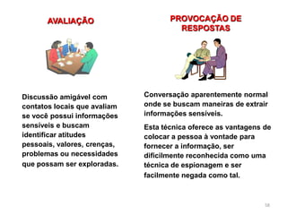 58
Discussão amigável com
contatos locais que avaliam
se você possui informações
sensíveis e buscam
identificar atitudes
pessoais, valores, crenças,
problemas ou necessidades
que possam ser exploradas.
AVALIAÇÃO PROVOCAÇÃO DE
RESPOSTAS
Conversação aparentemente normal
onde se buscam maneiras de extrair
informações sensíveis.
Esta técnica oferece as vantagens de
colocar a pessoa à vontade para
fornecer a informação, ser
dificilmente reconhecida como uma
técnica de espionagem e ser
facilmente negada como tal.
 