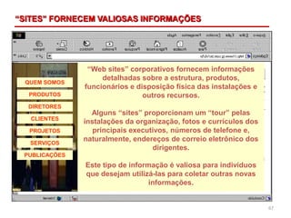 67
“Web sites” corporativos fornecem informações
detalhadas sobre a estrutura, produtos,
funcionários e disposição física das instalações e
outros recursos.
Alguns “sites” proporcionam um “tour” pelas
instalações da organização, fotos e currículos dos
principais executivos, números de telefone e,
naturalmente, endereços de correio eletrônico dos
dirigentes.
Este tipo de informação é valiosa para indivíduos
que desejam utilizá-las para coletar outras novas
informações.
QUEM SOMOS
PRODUTOS
DIRETORES
CLIENTES
PROJETOS
SERVIÇOS
PUBLICAÇÕES
“SITES” FORNECEM VALIOSAS INFORMAÇÕES
 