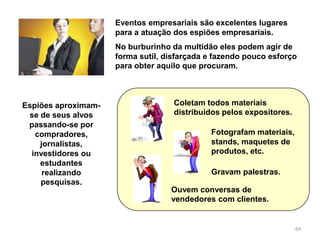 69
Eventos empresariais são excelentes lugares
para a atuação dos espiões empresariais.
No burburinho da multidão eles podem agir de
forma sutil, disfarçada e fazendo pouco esforço
para obter aquilo que procuram.
Espiões aproximam-
se de seus alvos
passando-se por
compradores,
jornalistas,
investidores ou
estudantes
realizando
pesquisas.
Coletam todos materiais
distribuidos pelos expositores.
Fotografam materiais,
stands, maquetes de
produtos, etc.
Ouvem conversas de
vendedores com clientes.
Gravam palestras.
 