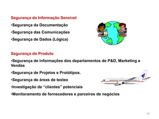 98
Segurança da Informação Sensível
•Segurança da Documentação
•Segurança das Comunicações
•Segurança de Dados (Lógica)
Segurança do Produto
•Segurança de informações dos departamentos de P&D, Marketing e
Vendas
•Segurança de Projetos e Protótipos.
•Segurança de áreas de testes
•Investigação de “clientes” potenciais
•Monitoramento de fornecedores e parceiros de negócios
 