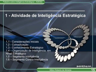 1 - Atividade de Inteligência Estratégica 1.1 - Considerações Iniciais 1.2 - Conceituação 1.3 - Conhecimento Estratégico 1.4 – Organização de Inteligência, em Nível Estratégico 1.5 – Segmento Inteligência 1.6 – Segmento Contra-Inteligência 