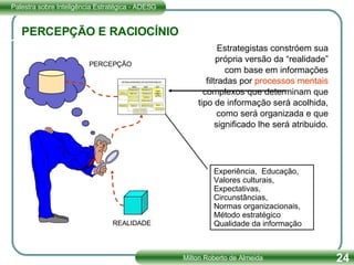 PERCEPÇÃO E RACIOCÍNIO Estrategistas constróem sua própria versão da “realidade” com base em informações filtradas por  processos mentais  complexos que determinam que tipo de informação será acolhida, como será organizada e que significado lhe será atribuido. Experiência,  Educação,  Valores culturais,  Expectativas, Circunstâncias,  Normas organizacionais, Método estratégico Qualidade da informação REALIDADE PERCEPÇÃO 
