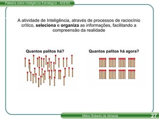 A atividade de Inteligência, através de processos de raciocínio crítico,  seleciona  e  organiza  as informações, facilitando a compreensão da realidade Quantos palitos há? Quantos palitos há agora? 