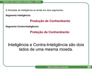 A Atividade de Inteligência se divide em dois segmentos:  Segmento Inteligência:   Produção de Conhecimento   Segmento Contra-Inteligência:   Proteção do Conhecimento Inteligência e Contra-Inteligência são dois lados de uma mesma moeda. 