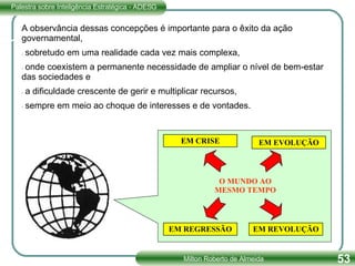 A observância dessas concepções é importante para o êxito da ação governamental,  -  sobretudo em uma realidade cada vez mais complexa,  -  onde coexistem a permanente necessidade de ampliar o nível de bem-estar das sociedades e  -  a dificuldade crescente de gerir e multiplicar recursos,  -  sempre em meio ao choque de interesses e de vontades. O MUNDO AO MESMO TEMPO EM EVOLUÇÃO EM REVOLUÇÃO EM CRISE EM REGRESSÃO 