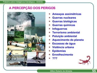 Ameaças assimétricas Guerras nucleares Guerras biológicas Guerras químicas Infoguerras Terrorismo ambiental Poluição ambiental Aquecimento do planeta Escassez de água Violência urbana Epidemias Envelhecimento ??? A PERCEPÇÃO DOS PERIGOS 
