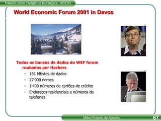 World Economic Forum 2001 in Davos Todos os bancos de dados do WEF foram roubados por Hackers 161 Mbytes de dados 27'000 nomes 1'400 números de cartões de crédito Endereços residenciais e números de telefones 