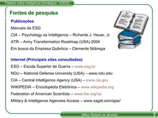 Fontes de pesquisa Publicações Manuais da ESG CIA – Psychology os Intelligence – Richards J. Heuer, Jr ATR – Army Transformation Roadmap (USA) 2004 Em busca da Empresa Quântica – Clemente Nóbrega Internet (Principais sites consultados) ESG – Escola Superior de Guerra –  www.esg.br NDU – National Defense University (USA) – www.ndu.edu CIA – Central Intelligence Agency (USA) –  www.cia.gov WIKIPEDIA – Enciclopédia Eletrônica –  www.wikipedia.org Federation of American Scientists –  www.fas.org/irp Military & Intelligence Agencies Access – www.sagal.com/ajax/ 