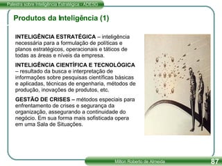 Produtos da Inteligência (1) INTELIGÊNCIA ESTRATÉGICA  – inteligência necessária para a formulação de políticas e planos estratégicos, operacionais e táticos de todas as áreas e níveis da empresa. INTELIGÊNCIA CIENTÍFICA E TECNOLÓGICA  – resultado da busca e interpretação de informações sobre pesquisas científicas básicas e aplicadas, técnicas de engenharia, métodos de produção, inovações de produtos, etc. GESTÃO DE CRISES –  métodos especiais para enfrentamento de crises e segurança da organização, assegurando a continuidade do negócio. Em sua forma mais sofisticada opera em uma Sala de Situações. 