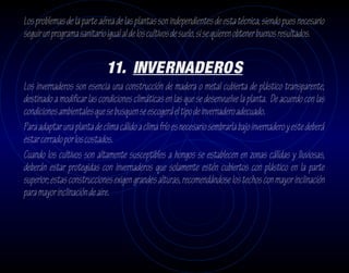 Los problemas de la parte aérea de las plantas son independientes de esta técnica, siendo pues necesario
seguir un programa sanitario igual al de los cultivos de suelo, si se quieren obtener buenos resultados.


                             11. INVERNADEROS
Los invernaderos son esencia una construcción de madera o metal cubierta de plástico transparente,
destinado a modificar las condiciones climáticas en las que se desenvuelve la planta. De acuerdo con las
condiciones ambientales que se busquen se escogerá el tipo de invernadero adecuado.
Para adaptar una planta de clima cálido a clima frío es necesario sembrarla bajo invernadero y este deberá
estar cerrado por los costados.
Cuando los cultivos son altamente susceptibles a hongos se establecen en zonas cálidas y lluviosas,
deberán estar protegidas con invernaderos que solamente estén cubiertos con plástico en la parte
superior; estas construcciones exigen grandes alturas, recomendándose los techos con mayor inclinación
para mayor inclinación de aire.
 