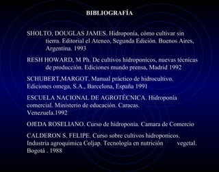 BIBLIOGRAFÍA


SHOLTO, DOUGLAS JAMES. Hidroponía, cómo cultivar sin
     tierra. Editorial el Ateneo, Segunda Edición. Buenos Aires,
     Argentina. 1993
RESH HOWARD, M Ph. De cultivos hidroponicos, nuevas técnicas
     de producción. Ediciones mundo prensa, Madrid 1992
SCHUBERT,MARGOT. Manual práctico de hidrocultivo.
Ediciones omega, S.A., Barcelona, España 1991
ESCUELA NACIONAL DE AGROTÉCNICA. Hidroponía
comercial. Ministerio de educación. Caracas.
Venezuela.1992
OJEDA ROSELIANO. Curso de hidroponía. Camara de Comercio
CALDERON S. FELIPE. Curso sobre cultivos hidroponicos.
Industria agroquimica Coljap. Tecnología en nutrición vegetal.
Bogotá . 1988
 