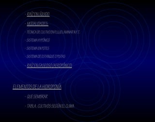 - RAÍZ EN LÍQUIDO
      - MODALIDADES:
      - TÉCNICA DE CULTIVO EN FLUJO LAMINAR N.F.T.
      - SISTEMA HYPÓNICO
      - SISTEMA EN POTES
      - SISTEMA DE ESTANQUE O PISTAS

      - RAÍZ EN GASEOSO (AEROPÓNICO)



ELEMENTOS DE LA HIDROPONÍA
      - QUE SEMBRAR
      - TABLA. CULTIVOS SEGÚN EL CLIMA
 