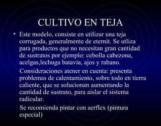 CULTIVO EN TEJA
• Este modelo, consiste en utilizar una teja
  corrugada, generalmente de eternit. Se utliza
  para productos que no necesitan gran cantidad
  de sustratos por ejemplo: cebolla cabezona,
  acelgas,lechuga batavia, ajos y rabano.
  Consideraciones atener en cuenta: presenta
  problemas de calentamiento, sobre todo en tierra
  caliente, que se solucionan aumentando la
  cantidad de sustrato, para aislar el sistema
  radicular.
  Se recomienda pintar con aerflex (pintura
  especial)
 