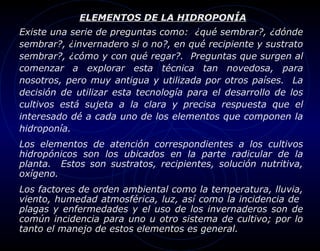 ELEMENTOS DE LA HIDROPONÍA
Existe una serie de preguntas como: ¿qué sembrar?, ¿dónde
sembrar?, ¿invernadero si o no?, en qué recipiente y sustrato
sembrar?, ¿cómo y con qué regar?. Preguntas que surgen al
comenzar a explorar esta técnica tan novedosa, para
nosotros, pero muy antigua y utilizada por otros países. La
decisión de utilizar esta tecnología para el desarrollo de los
cultivos está sujeta a la clara y precisa respuesta que el
interesado dé a cada uno de los elementos que componen la
hidroponía.
Los elementos de atención correspondientes a los cultivos
hidropónicos son los ubicados en la parte radicular de la
planta. Estos son sustratos, recipientes, solución nutritiva,
oxígeno.
Los factores de orden ambiental como la temperatura, lluvia,
viento, humedad atmosférica, luz, así como la incidencia de
plagas y enfermedades y el uso de los invernaderos son de
común incidencia para uno u otro sistema de cultivo; por lo
tanto el manejo de estos elementos es general.
 