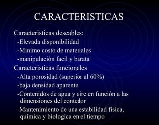 CARACTERISTICAS
Caracteristicas deseables:
 -Elevada disponibilidad
 -Minimo costo de materiales
 -manipulación facil y barata
Caracteristicas funcionales
 -Alta porosidad (superior al 60%)
 -baja densidad aparente
 -Contenidos de agua y aire en función a las
  dimensiones del contedor
 -Mantenimiento de una estabilidad fisica,
  quimica y biologica en el tiempo
 