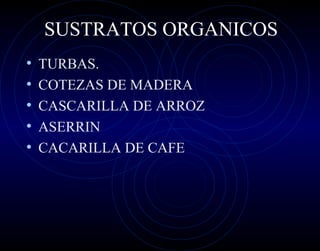 SUSTRATOS ORGANICOS
•   TURBAS.
•   COTEZAS DE MADERA
•   CASCARILLA DE ARROZ
•   ASERRIN
•   CACARILLA DE CAFE
 