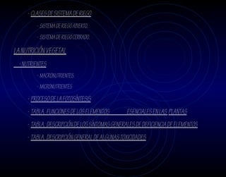 - CLASES DE SISTEMA DE RIEGO
         - SISTEMA DE RIEGO ABIERTO.
         - SISTEMA DE RIEGO CERRADO.

LA NUTRICIÓN VEGETAL
 - NUTRIENTES
         - MACRONUTRIENTES.
         - MICRONUTRIENTES
     - PROCESO DE LA FOTOSÍNTESIS
     - TABLA. FUNCIONES DE LOS ELEMENTOS        ESENCIALES EN LAS PLANTAS
     - TABLA. DESCRIPCIÓN DE LOS SÍNTOMAS GENERALES DE DEFICIENCIA DE ELEMENTOS
     - TABLA. DESCRIPCIÓN GENERAL DE ALGUNAS TOXICIDADES
 