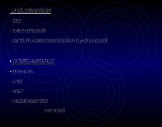 LA SOLUCIÓN NUTRITIVA
- DOSIS
- PLAN DE FERTILIZACIÓN
- CONTROL DE LA CONDUCTIVIDAD ELÉCTRICA Y EL pH DE LA SOLUCIÓN


• FACTORES AMBIENTALES
-TEMPERATURA
- LLUVIA
- VIENTO
- HUMEDAD ATMOSFÉRICA
                     - PUNTO DE ROCÍO
 
