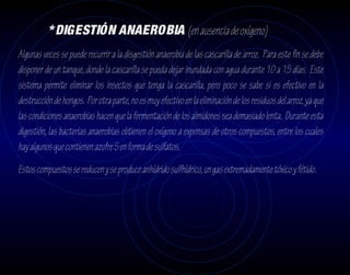 * DIGESTIÓN ANAEROBIA (en ausencia de oxígeno)
Algunas veces se puede recurrir a la disgestión anaerobia de las cascarilla de arroz. Para este fin se debe
disponer de un tanque, donde la cascarilla se pueda dejar inundada con agua durante 10 a 15 días. Este
sistema permite eliminar los insectos que tenga la cascarilla, pero poco se sabe si es efectivo en la
destrucción de hongos. Por otra parte, no es muy efectivo en la eliminación de los residuos del arroz, ya que
las condiciones anaerobias hacen que la fermentación de los almidones sea demasiado lenta. Durante esta
digestión, las bacterias anaerobias obtienen el oxígeno a expensas de otros compuestos, entre los cuales
hay algunos que contienen azufre S en forma de sulfatos.
Estos compuestos se reducen y se produce anhídrido sulfhídrico, un gas extremadamente tóxico y fétido.
 