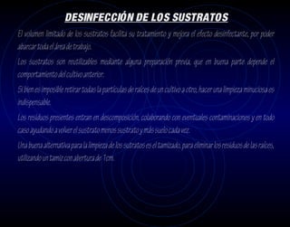 DESINFECCIÓN DE LOS SUSTRATOS
El volumen limitado de los sustratos facilita su tratamiento y mejora el efecto desinfectante, por poder
abarcar toda el área de trabajo.
Los sustratos son reutilizables mediante alguna preparación previa, que en buena parte depende el
comportamiento del cultivo anterior.
Si bien es imposible retirar todas la partículas de raíces de un cultivo a otro, hacer una limpieza minuciosa es
indispensable.
Los residuos presentes entran en descomposición, colaborando con eventuales contaminaciones y en todo
caso ayudando a volver el sustrato menos sustrato y más suelo cada vez.
Una buena alternativa para la limpieza de los sutratos es el tamizado, para eliminar los residuos de las raíces,
utilizando un tamiz con abertura de 1cm.
 