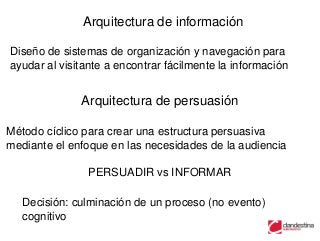 Arquitectura de información

Diseño de sistemas de organización y navegación para
ayudar al visitante a encontrar fácilmente la información


              Arquitectura de persuasión

Método cíclico para crear una estructura persuasiva
mediante el enfoque en las necesidades de la audiencia

                PERSUADIR vs INFORMAR

   Decisión: culminación de un proceso (no evento)
   cognitivo
 