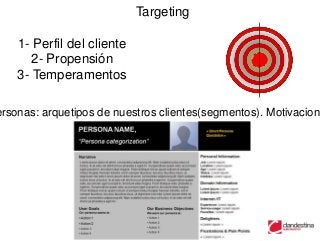 Targeting

    1- Perfil del cliente
       2- Propensión
    3- Temperamentos

ersonas: arquetipos de nuestros clientes(segmentos). Motivacione
 