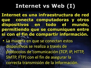 Internet es una infraestructura de red
que conecta computadoras y otros
dispositivos en todo el mundo,
permitiendo que se comuniquen entre
si con el fin de compartir información.

• La manera en que se conectan estos
dispositivos se realiza a través de
protocolos de comunicación (TCP, IP, HTTP,
SMTP, FTP) con el fin de asegurar la
correcta transmisión de la información.

 