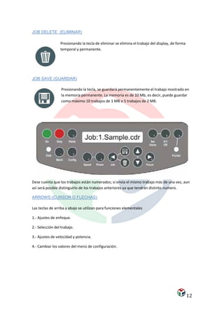 JOB DELETE (ELIMINAR)

                 Presionando la tecla de eliminar se elimina el trabajo del display, de forma
                 temporal y permanente.




JOB SAVE (GUARDAR)

                  Presionando la tecla, se guardará permanentemente el trabajo mostrado en
                  la memoria permanente. La memoria es de 10 Mb, es decir, puede guardar
                  como máximo 10 trabajos de 1 MB o 5 trabajos de 2 MB.




Dese cuenta que los trabajos están numerados; si envía el mismo trabajo más de una vez, aun
así será posible distinguirlo de los trabajos anteriores ya que tendrán distinto numero.

ARROWS (CURSOR O FLECHAS)

Las teclas de arriba y abajo se utilizan para funciones elementales

1.- Ajustes de enfoque.

2.- Selección del trabajo.

3.- Ajustes de velocidad y potencia.

4.- Cambiar los valores del menú de configuración.




                                                                                                12
 