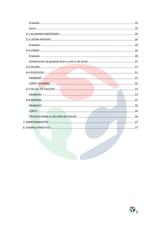 Grabado:.............................................................................................................................. 19
      Corte: ................................................................................................................................... 19
   6.2-ALUMINIO ANODIZADO .................................................................................................... 20
   6.3-LATÓN PINTADO ............................................................................................................... 20
      Grabado:.............................................................................................................................. 20
   6.4-VIDRIO ............................................................................................................................... 20
      Grabado:.............................................................................................................................. 20
      Combinación de grabado láser y chorro de arena: ............................................................. 21
   6.5-DELRIN............................................................................................................................... 21
   6.6-PLÁSTICOS ......................................................................................................................... 21
      GRABADO: ........................................................................................................................... 21
      CORTE VECORIAL: ................................................................................................................ 22
   6.7-SELLOS DE CAUCHO .......................................................................................................... 22
      GRABADO: ........................................................................................................................... 22
   6.8-MADERA ............................................................................................................................ 25
      GRABADO: ........................................................................................................................... 26
      CORTE: ................................................................................................................................. 26
      TÉCNICAS PARA EL RELLENO DE COLOR:............................................................................. 26
7.-MANTENIMIENTO ................................................................................................................... 27
8.-EJEMPLO PRÁCTICO. ............................................................................................................... 27




                                                                                                                                                2
 