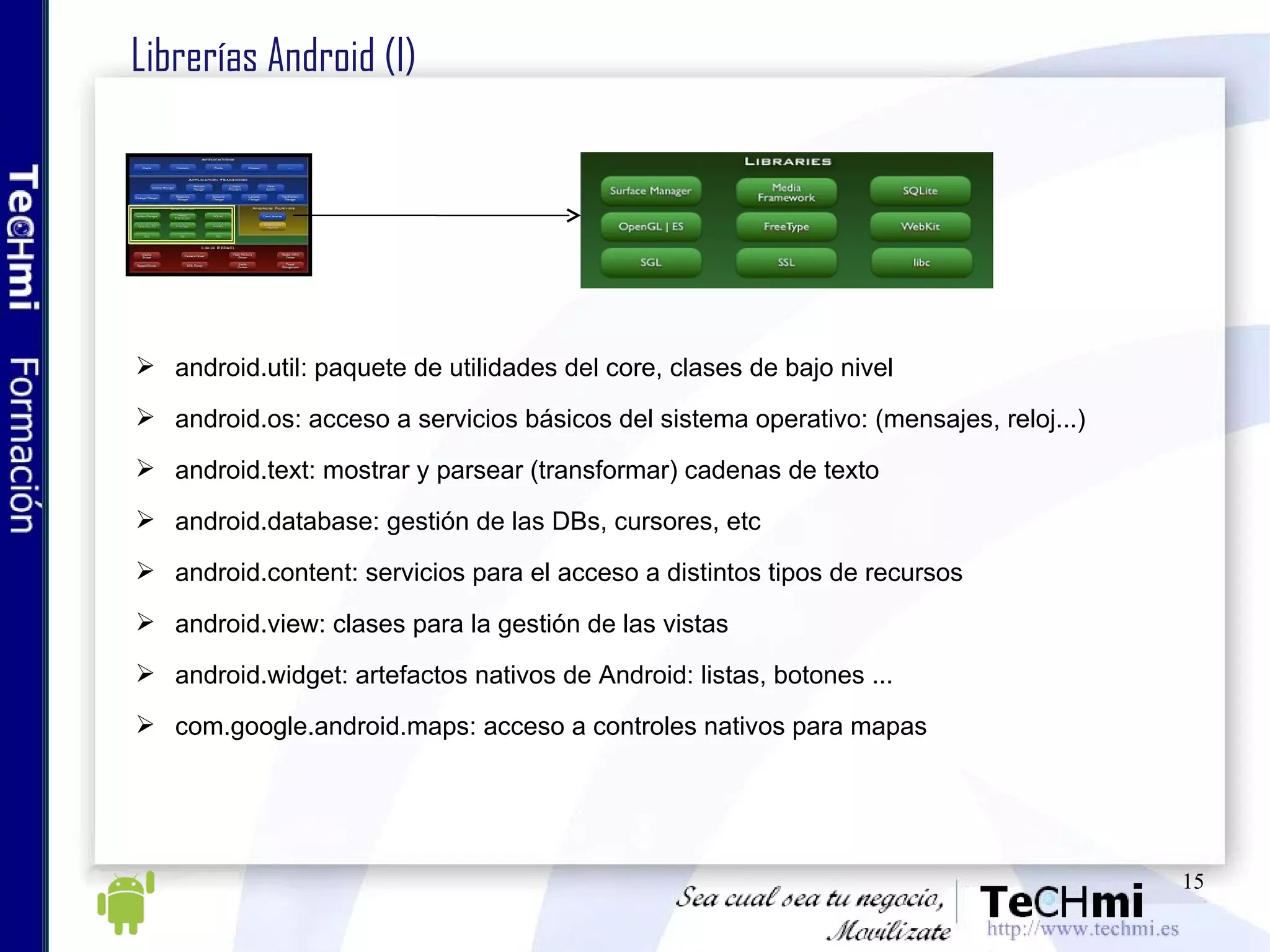Librerías Android (I) android.util: paquete de utilidades del core, clases de bajo nivel android.os: acceso a servicios básicos del sistema operativo: (mensajes, reloj...) android.text: mostrar y parsear (transformar) cadenas de texto android.database: gestión de las DBs, cursores, etc android.content: servicios para el acceso a distintos tipos de recursos android.view: clases para la gestión de las vistas android.widget: artefactos nativos de Android: listas, botones ... com.google.android.maps: acceso a controles nativos para mapas 