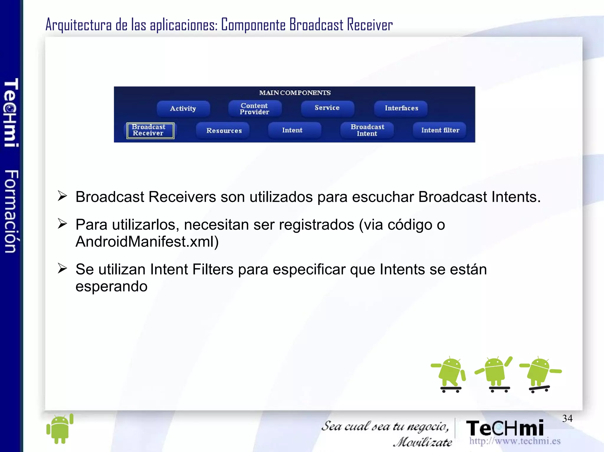 Arquitectura de las aplicaciones: Componente Broadcast Receiver Broadcast Receivers son utilizados para escuchar Broadcast Intents. Para utilizarlos, necesitan ser registrados (via código o AndroidManifest.xml) Se utilizan Intent Filters para especificar que Intents se están esperando 
