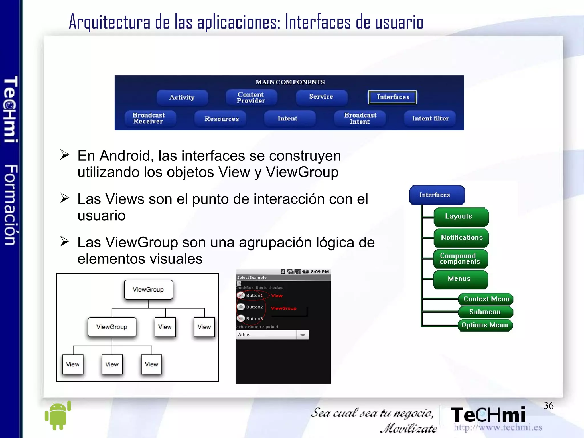 Arquitectura de las aplicaciones: Interfaces de usuario En Android, las interfaces se construyen utilizando los objetos View y ViewGroup Las Views son el punto de interacción con el usuario Las ViewGroup son una agrupación lógica de elementos visuales 