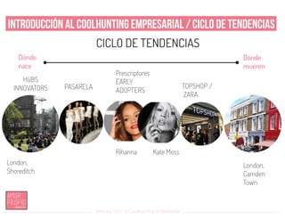 Introducción al Coolhunting Empresarial
Introducción al Coolhunting Empresarial / Ciclo de tendencias
HUBS
INNOVATORS PASARELA
Prescriptores
EARLY
ADOPTERS
TOPSHOP /
ZARA
CICLO DE TENDENCIAS
Dónde
nace
Dónde
mueren
London,
Shoreditch
London,
Camden
Town
Kate MossRihanna
 