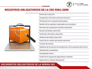 REGISTROS OBLIGATORIOS DE LA ISO 9001:2008
Revisión por la Dirección
Competencia, formación y toma de conciencia
Planificación de la realización del producto
Revisión de los requisitos relacionados con el producto
Elementos de entrada para el diseño y desarrollo
Revisión del diseño y desarrollo
Verificación del diseño y desarrollo
Validación del diseño y desarrollo
Control de los cambios del diseño y desarrollo
Procesos de compras
Validación de los proceso de la producción y de la prestación del servicio
Identificación y trazabilidad
Propiedad del cliente
Control de los equipos de seguimiento y medición
Seguimiento y medición del producto
6
DOCUMENTOS OBLIGATORIOS DE LA NORMA ISO
 