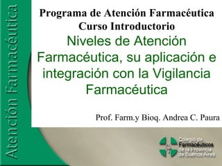 Programa de Atención Farmacéutica
Curso Introductorio
Niveles de Atención
Farmacéutica, su aplicación e
integración con la Vigilancia
Farmacéutica
Prof. Farm.y Bioq. Andrea C. Paura
 