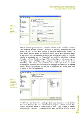 CadernosdeInformática
101
CURSO DE INTRODUÇÃO AOS BANCOS DE DADOS
Secretaria de Estado de Educação MG
Definida as informações do usuário é necessário informar os seus privilégios acionando
a aba contendo “Schema privileges” (Privilégios do esquema). Vale ressaltar que um
esquema de banco de dados é um conjunto de elementos que constituem o banco, tais
como tabelas, colunas, visões, procedimentos, dentre outros. Neste momento devem-
se selecionar o banco de dados que o usuário terá acesso e definir quais os comandos
poderão ser executados por ele. Para atribuir um privilégio, selecione-o na janela
“Available privileges” (Privilégios disponíveis), e então clique na seta para a esquerda
“<”, e para excluir o privilégio marque-o na janela “Assigned privileges” (Privilégios
atribuídos), e então acione a seta para direita “>”. As setas duplas “<<” e “>>” podem
ser empregadas para atribuir ou excluir todos os privilégios de uma só vez. A Figura 8Figura 8Figura 8Figura 8Figura 8
mostra a atribuição do privilégio para executar os comandos SELECT e UPDATE em todas
as tabelas do banco de dados curso.
Por último é possível controlar a utilização de recursos do sistema através do item
“Resources” (Recursos), tais como o número de atualizações e conexões por hora. Con-
cluída a entrada dos dados do usuário acione o botão “Apply changes” (Confirmar
alterações) para confirmar a criação do usuário. Para descartar a inclusão, o botão
Figura 7:
Criando um
novo
usuário
chamado
UsuarioCurso
Figura 8:
Definindo o
esquema de
privilégios do
usuário
UsuarioCurso
 