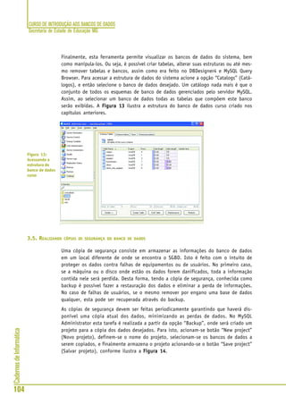 CURSO DE INTRODUÇÃO AOS BANCOS DE DADOS
Secretaria de Estado de Educação MG
104
CadernosdeInformática
Finalmente, esta ferramenta permite visualizar os bancos de dados do sistema, bem
como manipula-los. Ou seja, é possível criar tabelas, alterar suas estruturas ou até mes-
mo remover tabelas e bancos, assim como era feito no DBDesigner4 e MySQL Query
Browser. Para acessar a estrutura de dados do sistema acione a opção “Catalogs” (Catá-
logos), e então selecione o banco de dados desejado. Um catálogo nada mais é que o
conjunto de todos os esquemas de banco de dados gerenciados pelo servidor MySQL.
Assim, ao selecionar um banco de dados todas as tabelas que compõem este banco
serão exibidas. A Figura 13Figura 13Figura 13Figura 13Figura 13 ilustra a estrutura do banco de dados curso criado nos
capítulos anteriores.
3.5. REALIZANDO CÓPIAS DE SEGURANÇA DO BANCO DE DADOS
Uma cópia de segurança consiste em armazenar as informações do banco de dados
em um local diferente de onde se encontra o SGBD. Isto é feito com o intuito de
proteger os dados contra falhas de equipamentos ou de usuários. No primeiro caso,
se a máquina ou o disco onde estão os dados forem danificados, toda a informação
contida nele será perdida. Desta forma, tendo a cópia de segurança, conhecida como
backup é possível fazer a restauração dos dados e eliminar a perda de informações.
No caso de falhas de usuários, se o mesmo remover por engano uma base de dados
qualquer, esta pode ser recuperada através do backup.
As cópias de segurança devem ser feitas periodicamente garantindo que haverá dis-
ponível uma cópia atual dos dados, minimizando as perdas de dados. No MySQL
Administrator esta tarefa é realizada a partir da opção “Backup”, onde será criado um
projeto para a cópia dos dados desejados. Para isto, acionam-se botão “New project”
(Novo projeto), definem-se o nome do projeto, selecionam-se os bancos de dados a
serem copiados, e finalmente armazena o projeto acionando-se o botão “Save project”
(Salvar projeto), conforme ilustra a Figura 14Figura 14Figura 14Figura 14Figura 14.
Figura 13:
Acessando a
estrutura do
banco de dados
curso
 
