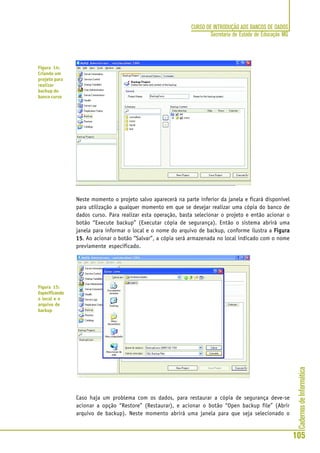 CadernosdeInformática
105
CURSO DE INTRODUÇÃO AOS BANCOS DE DADOS
Secretaria de Estado de Educação MG
Neste momento o projeto salvo aparecerá na parte inferior da janela e ficará disponível
para utilização a qualquer momento em que se desejar realizar uma cópia do banco de
dados curso. Para realizar esta operação, basta selecionar o projeto e então acionar o
botão “Execute backup” (Executar cópia de segurança). Então o sistema abrirá uma
janela para informar o local e o nome do arquivo de backup, conforme ilustra a FiguraFiguraFiguraFiguraFigura
1515151515. Ao acionar o botão “Salvar”, a cópia será armazenada no local indicado com o nome
previamente especificado.
Caso haja um problema com os dados, para restaurar a cópia de segurança deve-se
acionar a opção “Restore” (Restaurar), e acionar o botão “Open backup file” (Abrir
arquivo de backup). Neste momento abrirá uma janela para que seja selecionado o
Figura 14:
Criando um
projeto para
realizar
backup do
banco curso
Figura 15:
Especificando
o local e o
arquivo de
backup
 