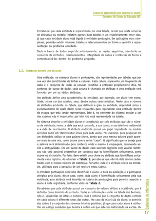 CadernosdeInformática
17
CURSO DE INTRODUÇÃO AOS BANCOS DE DADOS
Secretaria de Estado de Educação MG
Percebe-se que cada entidade é representada por uma tabela, sendo que neste universo
de discussão ou modelo, existem apenas duas tabelas e um relacionamento entre elas,
já que cada entidade aluno está ligada à entidade pontuação. Em aplicações mais com-
plexas, poderão existir inúmeras tabelas e relacionamentos de forma a permitir a repre-
sentação do problema abordado.
Dado o banco de dados sugerido anteriormente, as seções seguintes, abordarão os
conceitos de atributos, relacionamentos, integridade de dados e instâncias de forma a
contextualizá-los dentro do problema proposto.
1.2. ATRIBUTOS DEFINEM UMA ENTIDADE
Uma entidade, no exemplo alunos e pontuações, são representadas por tabelas que por
sua vez são constituídas de linhas e colunas. Cada coluna representa um fragmento de
dado e o conjunto de todas as colunas constitui a entidade propriamente dita. No
contexto de banco de dados cada coluna é chamada de atributo e uma entidade será
formada por um ou vários atributos.
Um atributo define uma característica da entidade, por exemplo, um aluno tem nome,
idade, altura cor dos cabelos, sexo, dentre outras características. Neste caso o número
de atributos existente na tabela, que definem o grau da entidade, dependerá única e
exclusivamente de quais dados serão relevantes para representar uma entidade dentro
do escopo que está sendo representado. Isto é, no contexto do sistema escolar a cor
dos cabelos não é importante, por isto não está representada na tabela.
No sistema descrito a entidade alunos é constituída por seis atributos que são o núme-
ro de matrícula, nome, a série que está cursando, a sua turma, o seu telefone residencial
e a data de nascimento. O atributo matrícula possui um papel importante no modelo
servindo como um identificador único para cada aluno. Por exemplo, para pesquisar em
um dicionário utiliza-se uma palavra-chave, sendo que uma mesma palavra pode apare-
cer mais de uma vez, como ocorre com o verbo “casar”. O significado que se deseja para
a palavra será determinado pelo contexto onde a mesma é empregada, resolvendo as-
sim a ambigüidade. Em um banco de dados caso ocorram registros com valores idênti-
cos não será possível determinar um contexto que os identifiquem unicamente, como
ocorre no dicionário. Por isto, deve existir uma chave ou atributo que identifique unica-
mente cada registro. Ao observar a Tabela 1Tabela 1Tabela 1Tabela 1Tabela 1, percebe-se que não há dois alunos cadas-
trados com o mesmo número de matrícula. Portanto, este é o atributo chave da entida-
de, utilizado para a pesquisa de um registro nesta tabela.
A entidade pontuações necessita identificar o aluno, a data da avaliação e a pontuação
atingida pelo aluno. Neste caso, como cada aluno é identificado unicamente pela sua
matrícula, este atributo será inserido na tabela de pontuações para permitir associar o
aluno à nota registrada, conforme visto na Tabela 2Tabela 2Tabela 2Tabela 2Tabela 2.
Percebe-se que cada atributo possui um conjunto de valores válidos e aceitáveis, que é
definido como domínio do atributo. Todas as informações vistas na tabela são textuais,
isto é, seqüências de letras e números, mas é notório que o conjunto de dados contido
em cada coluna é diferente umas das outras. No caso da matrícula do aluno, o domínio
dos dados é o conjunto dos números inteiros positivos, já que para cada aluno é atribu-
ído um código numérico que denota a ordem em que este foi matriculado na escola. Ou
 