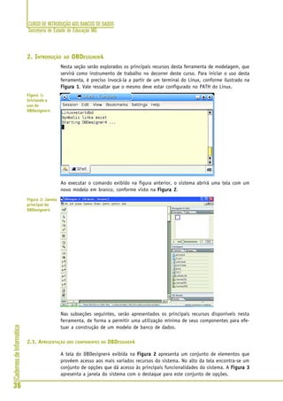CURSO DE INTRODUÇÃO AOS BANCOS DE DADOS
Secretaria de Estado de Educação MG
36
CadernosdeInformática
2. INTRODUÇÃO AO DBDESIGNER4
Nesta seção serão explorados os principais recursos desta ferramenta de modelagem, que
servirá como instrumento de trabalho no decorrer deste curso. Para iniciar o uso desta
ferramenta, é preciso invocá-la a partir de um terminal do Linux, conforme ilustrado na
Figura 1Figura 1Figura 1Figura 1Figura 1. Vale ressaltar que o mesmo deve estar configurado no PATH do Linux.
Ao executar o comando exibido na figura anterior, o sistema abrirá uma tela com um
novo modelo em branco, conforme visto na Figura 2Figura 2Figura 2Figura 2Figura 2.
Nas subseções seguintes, serão apresentados os principais recursos disponíveis nesta
ferramenta, de forma a permitir uma utilização mínima de seus componentes para efe-
tuar a construção de um modelo de banco de dados.
2.1. APRESENTAÇÃO DOS COMPONENTES DO DBDESIGNER4
A tela do DBDesigner4 exibida na Figura 2Figura 2Figura 2Figura 2Figura 2 apresenta um conjunto de elementos que
provêem acesso aos mais variados recursos do sistema. No alto da tela encontra-se um
conjunto de opções que dá acesso às principais funcionalidades do sistema. A Figura 3Figura 3Figura 3Figura 3Figura 3
apresenta a janela do sistema com o destaque para este conjunto de opções.
Figura 1:
Iniciando o
uso do
DBDesigner4
Figura 2: Janela
principal do
DBDesigner4
 