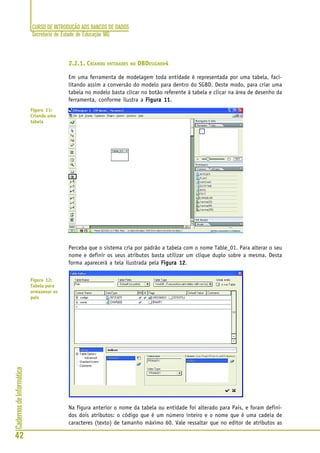 CURSO DE INTRODUÇÃO AOS BANCOS DE DADOS
Secretaria de Estado de Educação MG
42
CadernosdeInformática
2.2.1. CRIANDO ENTIDADES NO DBDESIGNER4
Em uma ferramenta de modelagem toda entidade é representada por uma tabela, faci-
litando assim a conversão do modelo para dentro do SGBD. Deste modo, para criar uma
tabela no modelo basta clicar no botão referente à tabela e clicar na área de desenho da
ferramenta, conforme ilustra a Figura 11Figura 11Figura 11Figura 11Figura 11.
Perceba que o sistema cria por padrão a tabela com o nome Table_01. Para alterar o seu
nome e definir os seus atributos basta utilizar um clique duplo sobre a mesma. Desta
forma aparecerá a tela ilustrada pela Figura 12Figura 12Figura 12Figura 12Figura 12.
Na figura anterior o nome da tabela ou entidade foi alterado para Pais, e foram defini-
dos dois atributos: o código que é um número inteiro e o nome que é uma cadeia de
caracteres (texto) de tamanho máximo 60. Vale ressaltar que no editor de atributos as
Figura 11:
Criando uma
tabela
Figura 12:
Tabela para
armazenar os
pais
 