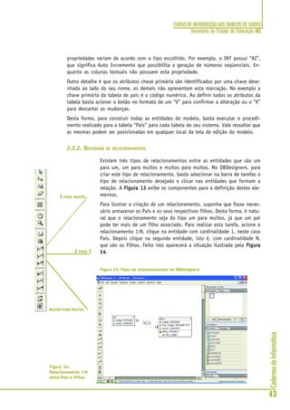 CadernosdeInformática
43
CURSO DE INTRODUÇÃO AOS BANCOS DE DADOS
Secretaria de Estado de Educação MG
propriedades variam de acordo com o tipo escolhido. Por exemplo, o INT possui “AI”,
que significa Auto Incremento que possibilita a geração de números seqüenciais. En-
quanto as colunas textuais não possuem esta propriedade.
Outro detalhe é que os atributos chave primária são identificados por uma chave dese-
nhada ao lado do seu nome, os demais não apresentam esta marcação. No exemplo a
chave primária da tabela de pais é o código numérico. Ao definir todos os atributos da
tabela basta acionar o botão no formato de um “V” para confirmar a alteração ou o “X”
para descartar as mudanças.
Desta forma, para construir todas as entidades do modelo, basta executar o procedi-
mento realizado para a tabela “Pais” para cada tabela do seu sistema. Vale ressaltar que
as mesmas podem ser posicionadas em qualquer local da tela de edição do modelo.
2.2.2. DEFININDO OS RELACIONAMENTOS
Existem três tipos de relacionamentos entre as entidades que são um
para um, um para muitos e muitos para muitos. No DBDesigner4, para
criar este tipo de relacionamento, basta selecionar na barra de tarefas o
tipo de relacionamento desejado e clicar nas entidades que formam a
relação. A Figura 13Figura 13Figura 13Figura 13Figura 13 exibe os componentes para a definição destes ele-
mentos.
Para ilustrar a criação de um relacionamento, suponha que fosse neces-
sário armazenar os Pais e os seus respectivos filhos. Desta forma, é natu-
ral que o relacionamento seja do tipo um para muitos, já que um pai
pode ter mais de um filho associado. Para realizar esta tarefa, acione o
relacionamento 1:N, clique na entidade com cardinalidade 1, neste caso
Pais. Depois clique na segunda entidade, isto é, com cardinalidade N,
que são os Filhos. Feito isto aparecerá a situação ilustrada pela FiguraFiguraFiguraFiguraFigura
1414141414.
1 PARA MUITOS
MUITOS PARA MUITOS
1 PARA 1
Figura 13: Tipos de relacionamentos no DBDesigner4
Figura 14:
Relacionamento 1:N
entre Pais e Filhos
 