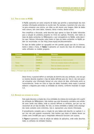 CadernosdeInformática
47
CURSO DE INTRODUÇÃO AOS BANCOS DE DADOS
Secretaria de Estado de Educação MG
3.1. TIPOS DE DADOS NO MYSQL
O MySQL apresenta um vasto conjunto de dados que permite a representação das mais
variadas informações existentes no mundo real. Por exemplo, é possível criar uma colu-
na para armazenar uma música, um vídeo ou até mesmo uma imagem. Além de dados
mais comuns, tais como datas, números, letras e textos, dentre outros.
Para simplificar a discussão, serão descritos aqui apenas os tipos de dados relevantes
para a solução do problema proposto no início do capítulo. Portanto, nem todos os
tipos de dados existentes no DBDesigner4, e por conseqüência no MySQL, serão descri-
tos aqui. Maiores informações sobre todos os tipos de dados existentes no MySQL po-
dem ser encontradas no site http://www.mysql.com/documentation.
Os tipos de dados podem ser agrupados em três grandes grupos que são os números,
textos e datas e horas. A Tabela 1Tabela 1Tabela 1Tabela 1Tabela 1 apresenta um resumo dos tipos de atributos que
serão utilizados no modelo proposto.
CATEGORIA TIPO DESCRIÇÃO
NÚMEROS INTEGER NÚMEROS INTEIROS
DOUBLE NÚMEROS REAIS OU PONTO-FLUTUANTE
TEXTOS CHAR(X) TEXTO COM TAMANHO MÁXIMO DE X CARACTERES
DATA E HORA DATE DATA NO FORMATO AAAA-MM-DD
TIME HORA NO FORMATO HH:MM:SS
Tabela 1: Principais tipos de dados do MySQL
Desta forma, é possível definir as restrições de domínio dos seus atributos, uma vez que
os mesmos deverão respeitar o tipo de dados definido para ele. Isto é, não será possí-
vel armazenar uma informação textual em uma coluna de data, eliminando assim as
inconsistências. Tendo em vista os tipos de dados ilustrados nesta seção é possível
elaborar o diagrama para todas as entidades do sistema, conforme mostrado na seção
3.2.
3.2. DEFINIÇÃO DAS ENTIDADES DO SISTEMA
Esta seção descreve a criação das cinco entidades do sistema de construção civil a partir
da utilização do DBDesigner4. Vale lembrar que esta ferramenta considera uma entida-
de como sendo uma tabela, onde as colunas definem os atributos, que por sua vez
necessitam de um tipo de dado. Por isto, os nomes entidades e tabelas serão emprega-
dos neste contexto como sinônimos, isto é, representam uma mesma informação.
O procedimento completo para a criação de uma tabela está descrito no capítulo 3, e
por isto não será exposto novamente. Vale lembrar que todas as tabelas devem ser
criadas como InnoDB para que a integridade referencial funcione com sucesso.
A Figura 4Figura 4Figura 4Figura 4Figura 4 apresenta a tela de edição de tabelas do aplicativo, onde estão descritos
todos os atributos da entidade Empresa.
 