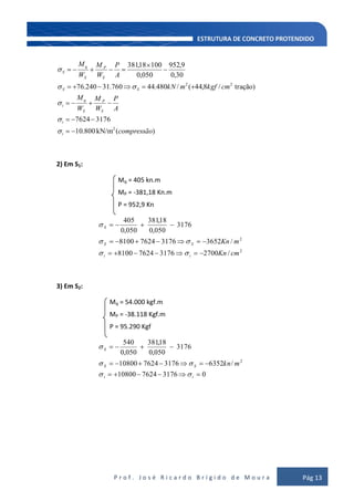 P r o f . J o s é R i c a r d o B r í g i d o d e M o u r a Pág 13
)(kN/m800.10
31767624
tração)/8,44(/480.44760.31240.76
30,0
9,952
050,0
10018,381
2
22
compressão
A
P
W
M
W
M
cmkgfmkN
A
P
W
M
W
M
i
i
S
P
S
q
i
SS
S
P
S
q
S
2) Em S1:
Mq = 405 kn.m
MP = -381,18 Kn.m
P = 952,9 Kn
2
2
/2700317676248100
/3652317676248100
3176
050,0
18,381
050,0
405
cmKn
mKn
ii
SS
S
3) Em S2:
Mq = 54.000 kgf.m
MP = -38.118 Kgf.m
P = 95.290 Kgf
03176762410800
/63523176762410800
3176
050,0
18,381
050,0
540
2
ii
SS
S
mkn
 