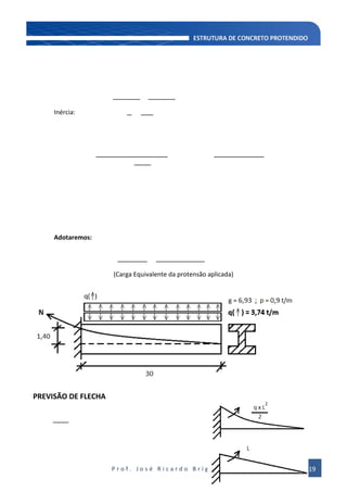 P r o f . J o s é R i c a r d o B r í g i d o d e M o u r a Pág 19
Inércia:
Adotaremos:
(Carga Equivalente da protensão aplicada)
PREVISÃO DE FLECHA
 