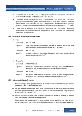 P r o f . J o s é R i c a r d o B r í g i d o d e M o u r a Pág 21
c) Cordoalhas: são compostas por 3 ou 7 fios enrolados helicoidalmente em torno de um
fio central e fornecidos em bobinas auto-desenroláveis;
d) Cordoalhas engraxadas e plastificadas: a cordoalha de 7 fios recebe uma camada de
graxa que funciona como agente inibidor de corrosão, além disto uma capa plástica é
extrudada em toda extensão; esta capa é de polietileno de alta densidade (PEAD) e
permite o livre movimento da cordoalha no seu interior; diâmetros de 12.7 e 15.2mm;
e) Cabos: são o conjunto de cordoalhas ancorados por um único elemento;
dependendo do sistema comercial de protensão estas cordoalhas são protendidos
uma a uma ou em conjunto.
1.6.2 - Designação das Armaduras Protendidas
a) Fios:
Exemplo 1: CP 170 RN-E
Significa: aço para concreto protendido, Relaxação normal, entalhado, com
tensão de escoamento de 170 kgf/mm2
ou 1.700 MPa.
Exemplo 2: CP 175 RB-L
Significa: aço para concreto protendido, Relaxação baixa, liso, com tensão de
escoamento de 175 kgf/mm2
b) Cordoalha
Exemplo 1: CP190 RB 3x3,0
Significa: Cordoalha para concreto protendido, relaxação baixa, constituída de 3
fios de 3,0 mm, com tensão de escoamento de 190 kgf/mm2
Exemplo 1: CP 190 RB 7
Significa: Cordoalha para concreto protendido, relaxação baixa, constituído de 7
fios de 3,0 mm, com tensão de escoamento de 190 kgf/mm2
1.6.3 - Categorias de Aço de Protensão
Há duas categorias de aço de protensão, de acordo com as recomendações das normas
ABNT NBR 7482, ASTM a 412 e BS 2691:
a) Os aços de relaxação normal (RN): assim considerados aqueles cujas perdas máximas
por relaxação atingem 8,5%, após 1.000 horas de tracionamento com carga inicial de
80% da carga de ruptura, a 20°C;
b) Os aços de relaxação baixa (RB): as perdas máximas por relaxação atingem no máximo
3,0%, nas mesmas condições acima explicadas.
Nos anexo 1, são apresentadas as armaduras de protensão fornecidas pela Acellor-
Mittal. Os anexos 1, 2 e 3 mostram os aços de protensão fornecidos pela AcellorMittal.
 