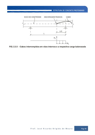 P r o f . J o s é R i c a r d o B r í g i d o d e M o u r a Pág 48
W1
P1
L
L/5
EIXO DO CENTRÓIDE ANCORAGEM PASSIVA CABO
FIG. 2.3.5 - Cabos interrompidos em vãos internos e a respectiva carga balanceada
 