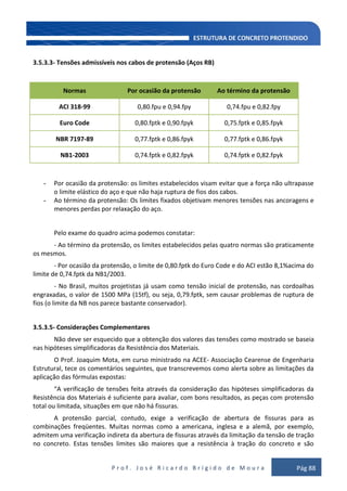 P r o f . J o s é R i c a r d o B r í g i d o d e M o u r a Pág 88
3.5.3.3- Tensões admissíveis nos cabos de protensão (Aços RB)
Normas Por ocasião da protensão Ao término da protensão
ACI 318-99 0,80.fpu e 0,94.fpy 0,74.fpu e 0,82.fpy
Euro Code 0,80.fptk e 0,90.fpyk 0,75.fptk e 0,85.fpyk
NBR 7197-89 0,77.fptk e 0,86.fpyk 0,77.fptk e 0,86.fpyk
NB1-2003 0,74.fptk e 0,82.fpyk 0,74.fptk e 0,82.fpyk
- Por ocasião da protensão: os limites estabelecidos visam evitar que a força não ultrapasse
o limite elástico do aço e que não haja ruptura de fios dos cabos.
- Ao término da protensão: Os limites fixados objetivam menores tensões nas ancoragens e
menores perdas por relaxação do aço.
Pelo exame do quadro acima podemos constatar:
- Ao término da protensão, os limites estabelecidos pelas quatro normas são praticamente
os mesmos.
- Por ocasião da protensão, o limite de 0,80.fptk do Euro Code e do ACI estão 8,1%acima do
limite de 0,74.fptk da NB1/2003.
- No Brasil, muitos projetistas já usam como tensão inicial de protensão, nas cordoalhas
engraxadas, o valor de 1500 MPa (15tf), ou seja, 0,79.fptk, sem causar problemas de ruptura de
fios (o limite da NB nos parece bastante conservador).
3.5.3.5- Considerações Complementares
Não deve ser esquecido que a obtenção dos valores das tensões como mostrado se baseia
nas hipóteses simplificadoras da Resistência dos Materiais.
O Prof. Joaquim Mota, em curso ministrado na ACEE- Associação Cearense de Engenharia
Estrutural, tece os comentários seguintes, que transcrevemos como alerta sobre as limitações da
aplicação das fórmulas expostas:
“A verificação de tensões feita através da consideração das hipóteses simplificadoras da
Resistência dos Materiais é suficiente para avaliar, com bons resultados, as peças com protensão
total ou limitada, situações em que não há fissuras.
A protensão parcial, contudo, exige a verificação de abertura de fissuras para as
combinações freqüentes. Muitas normas como a americana, inglesa e a alemã, por exemplo,
admitem uma verificação indireta da abertura de fissuras através da limitação da tensão de tração
no concreto. Estas tensões limites são maiores que a resistência à tração do concreto e são
 