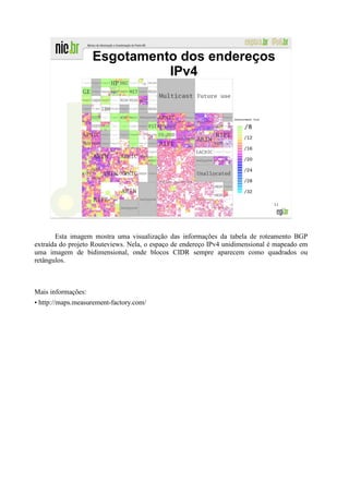 Esgotamento dos endereços
                              IPv4




                                                                               11




       Esta imagem mostra uma visualização das informações da tabela de roteamento BGP
extraída do projeto Routeviews. Nela, o espaço de endereço IPv4 unidimensional é mapeado em
uma imagem de bidimensional, onde blocos CIDR sempre aparecem como quadrados ou
retângulos.



Mais informações:
• http://maps.measurement-factory.com/
 