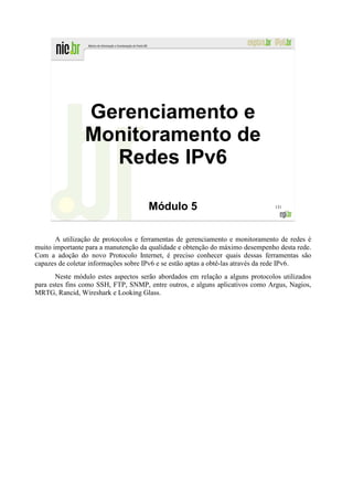 Gerenciamento e
                Monitoramento de
                  Redes IPv6

                                     Módulo 5                                  131




       A utilização de protocolos e ferramentas de gerenciamento e monitoramento de redes é
muito importante para a manutenção da qualidade e obtenção do máximo desempenho desta rede.
Com a adoção do novo Protocolo Internet, é preciso conhecer quais dessas ferramentas são
capazes de coletar informações sobre IPv6 e se estão aptas a obtê-las através da rede IPv6.
       Neste módulo estes aspectos serão abordados em relação a alguns protocolos utilizados
para estes fins como SSH, FTP, SNMP, entre outros, e alguns aplicativos como Argus, Nagios,
MRTG, Rancid, Wireshark e Looking Glass.
 